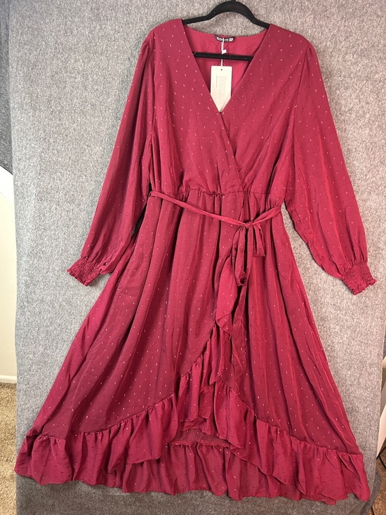 BloomChic Dresses & Skirts - BloomChic Dress Womens 22-24 Red Polka Dot Wrap Maxi Ruffle Long Sleeve Chiffon